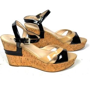 Guess Womens Strappy Black Beige Cork Wedge Heel Slingback Colby Sandals Size 10